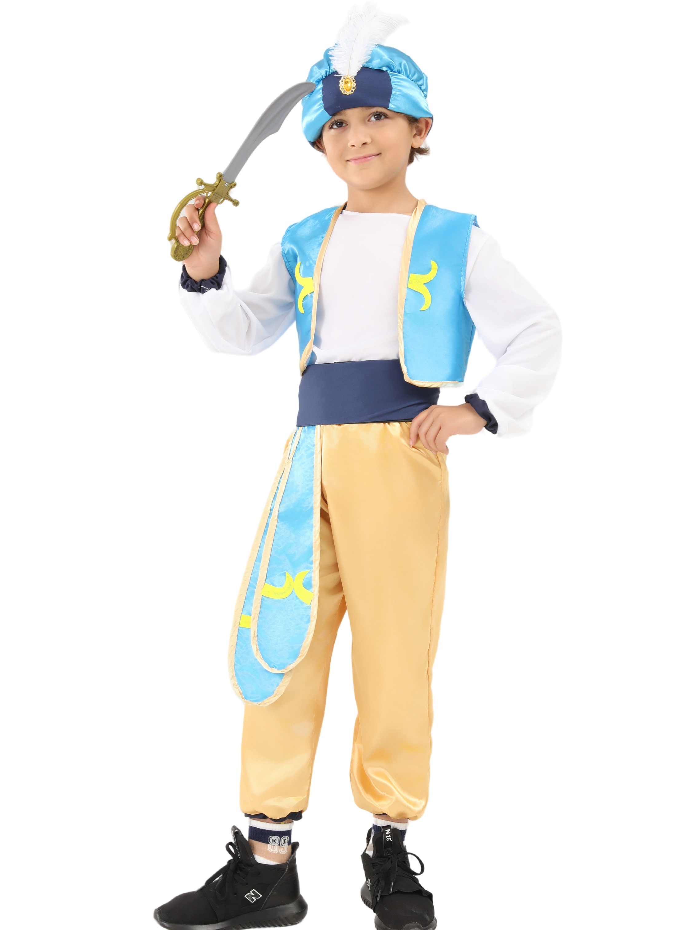 Children Arabian Prince Cosplay Costumes Cap T Shirt Waistcoat Pants and belt Halloween Outfits Dress Up2